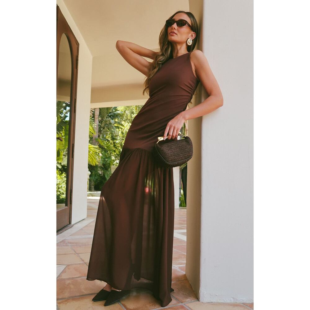 Show Me Your Mumu Aria Maxi Dress in Chocolate Stretch Chiffon L